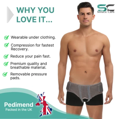 SOLACE CARE 1X Professional Hernia Inguinal Belt Support Strap Truss Removable Pads NHS - UK