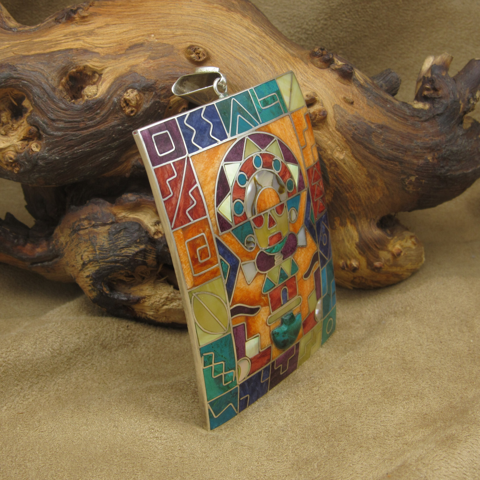 Sterling Silver Large Rectangular Colorful Inlaid… - image 2