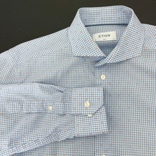 Eton Dress Shirt Mens 41 16 Blue Check Slim Fit Embroidery Button Up Long Sleeve
