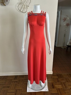 1970s Roberta California Red Grecian Maxi Dress Boho Braided Straps Resort VTG