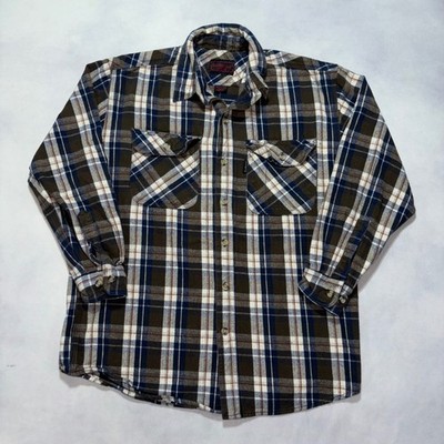 Vintage Five Brother Flannel Shirt Mens Large Brown Blue Plaid Thick Western USA