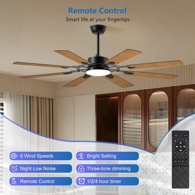 62'' Modern Windmill LED Ceiling Fan Light Black 6 Speeds 3CCT Dimmable w Remote