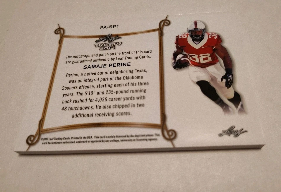 2017 Leaf Trinity SAMAJE PERINE RPA Rookie Patch Auto On Card Oklahoma Sooners - Image 2 of 2