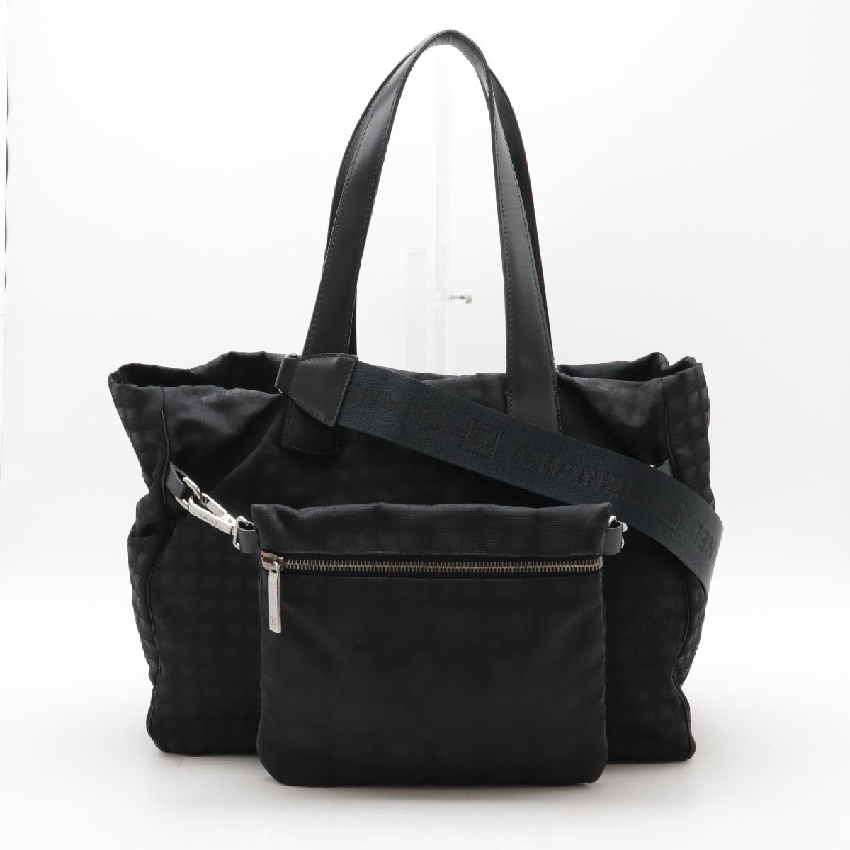 CHANEL Neutral Travel Line 2WAY Tote Shoulder Bag Nylon Jacquard Leather Black