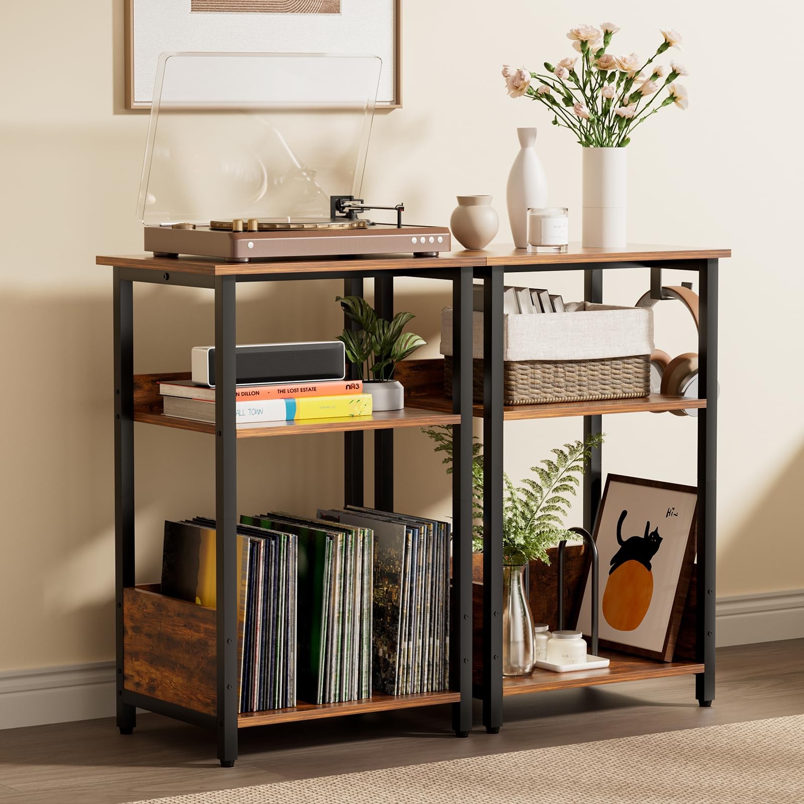 Small Record Player Stand with Vinyl Storage Cabinet, Turntable Table for Alb...
