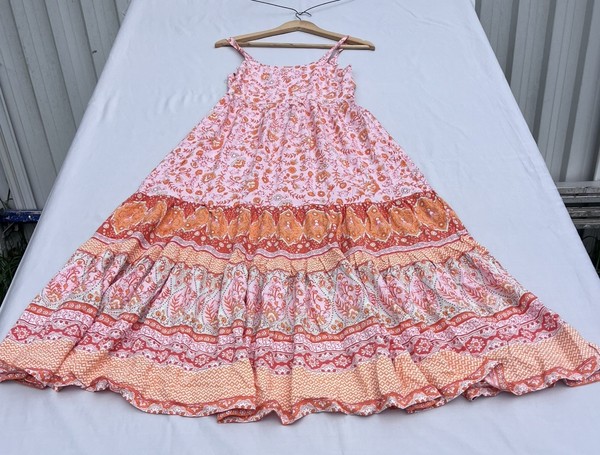 Pink Diamond Boho Floral Tiered Maxi Dress Pink Orange Sun Dress Size M