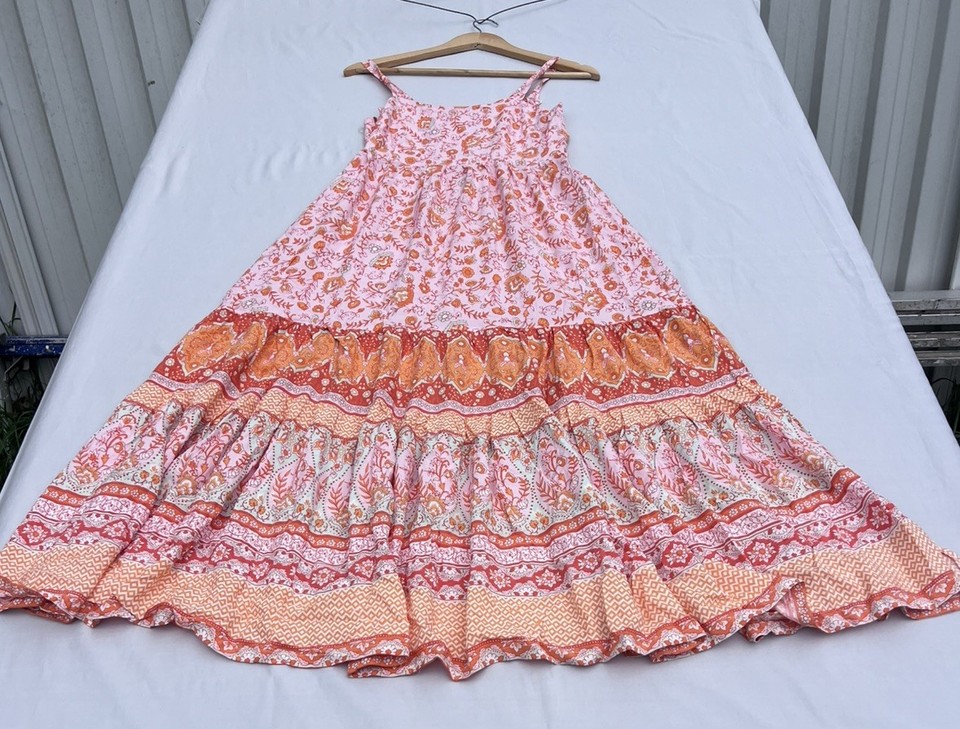 Pink Diamond Boho Floral Tiered Maxi Dress Pink Orange Sun Dress Size M