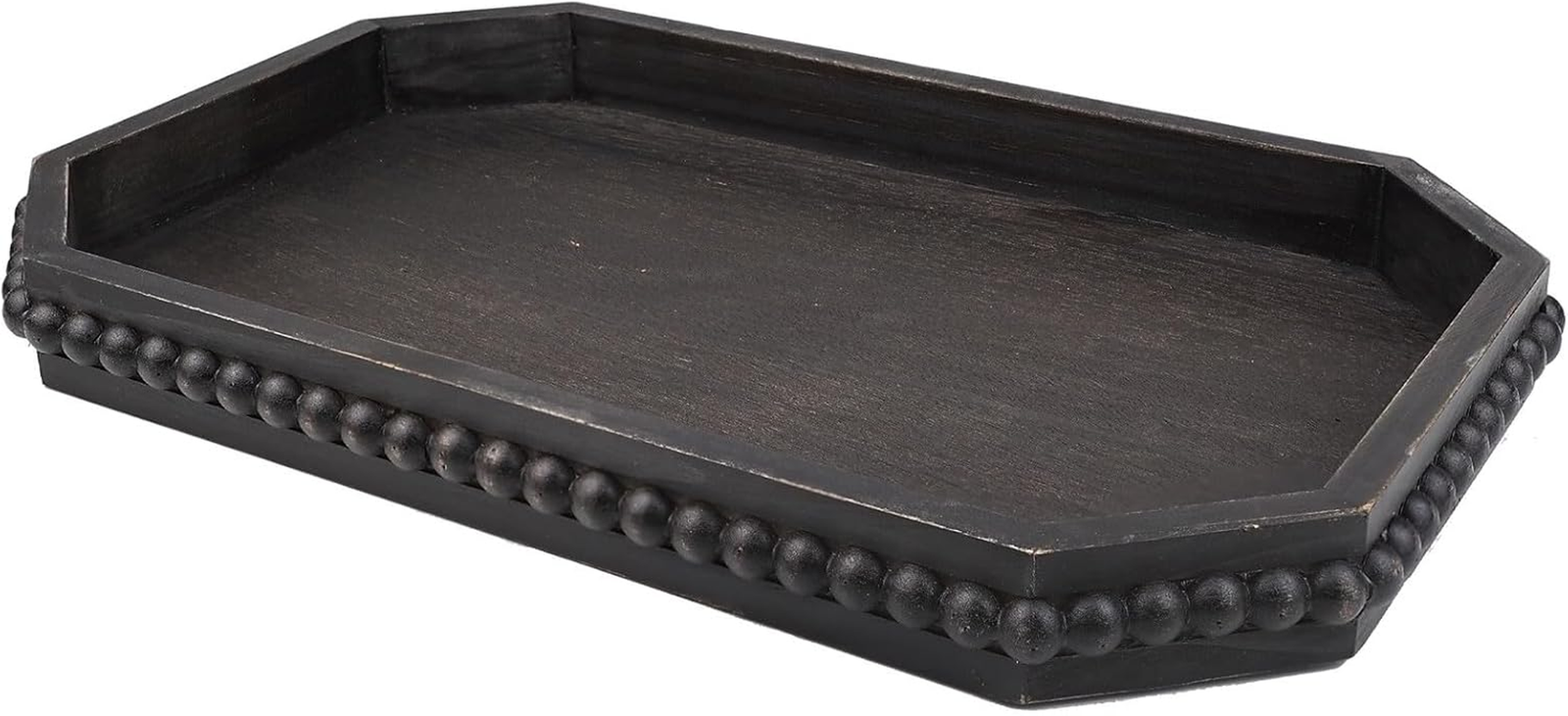 Wood Rustic Serving Tray with Beads, Farmhouse Vintage Black Decorative Tray for