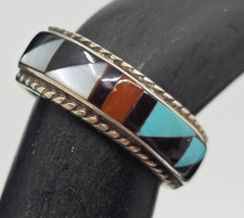 Native American Assorted Stone Inlaid Sterling Silver Ring Size 5.25 Band