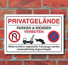 Schild Parkplatz "Privatgel&auml;nde, wenden und parken verboten" - 3 mm Alu-Verbund