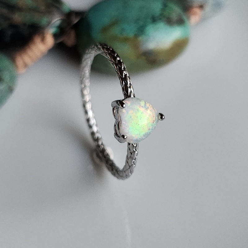 925 Sterling Silver Natural 7mm Heart Opal Size 12 Rope Ring White Gold-Plated
