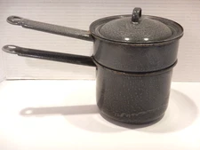 Vintage Enamel Ware Double Boiler Pot With Lid  Granite Grey & White Speckled