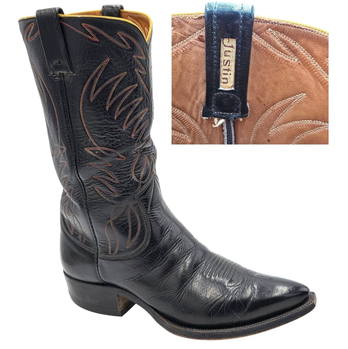 1950s? Vintage Justin Boots Black Leather Mens 10.5D Snip-toe