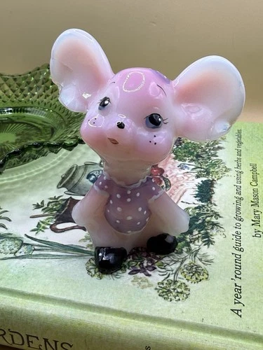 Fenton Hand Painted Pink Glass Mouse Figurine Polka Dot Signed P. Lemon