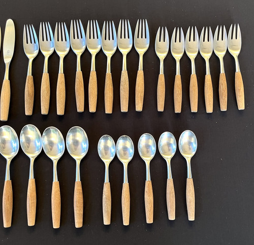 30 Pcs DANSK MCM Fjord Wood Handle Stainless 4 Ducks Logo Germany Flatware Lot - Picture 4 of 13