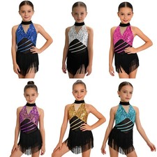 Girls Costume Salsa Dress Dress Up Dancewear Halter Neck Leotard Shiny Ruched