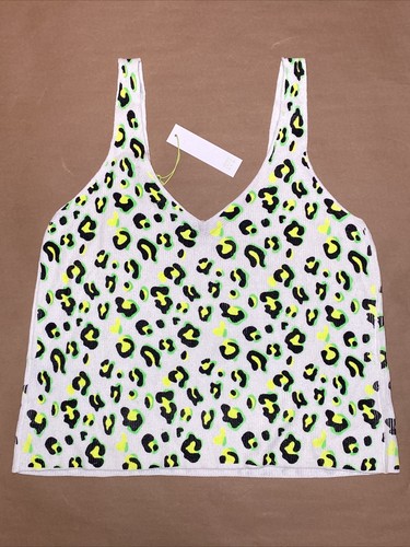 GOOD LUCK GEM Double V Ribbed Sweater Tank Top Neon Green Animal Print XL - Picture 2 of 4