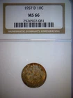 1957-D SILVER ROOSEVELT DIME NGC MS 66       fantastic TONING,