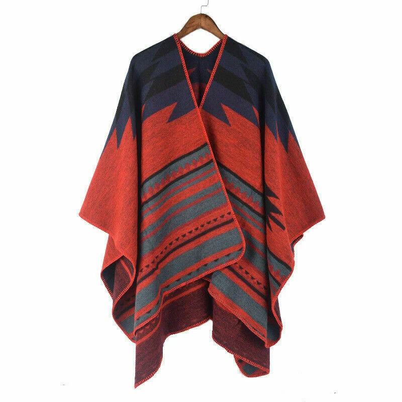 Abacus Damen Poncho Cape Schal Mantel Boho Strickjacke Ethnisch Rot Blau Grau L - Bild 4 von 4