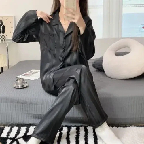 Pijama Seda Hielo Mujer Pijama Primavera Manga Larga Hogar Set - Imagen 14 de 49