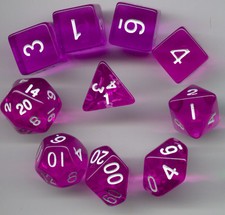 RPG Dice 10pc - Translucent Lite-Purple - 1  D4 D8 D10 D12 D20 D00-10  4 D6