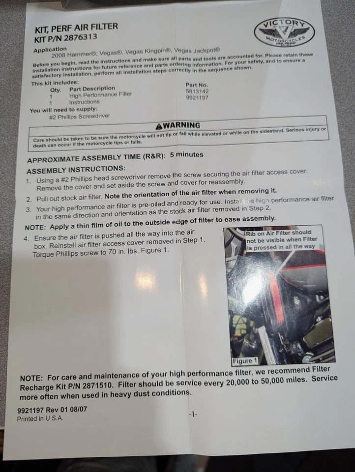 NOS Victory 2876313 Polaris Air Filter Hammer Jackpot Kingpin Vegas 2008-2017 Foto 3 de 3