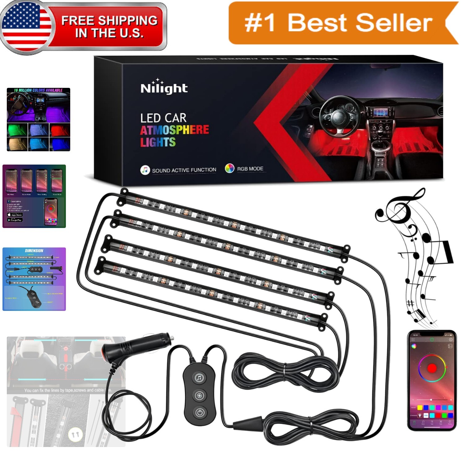 LED Strip Lights for Cars - 16 Million RGB Colors with Sound-Sensitive Mode-image