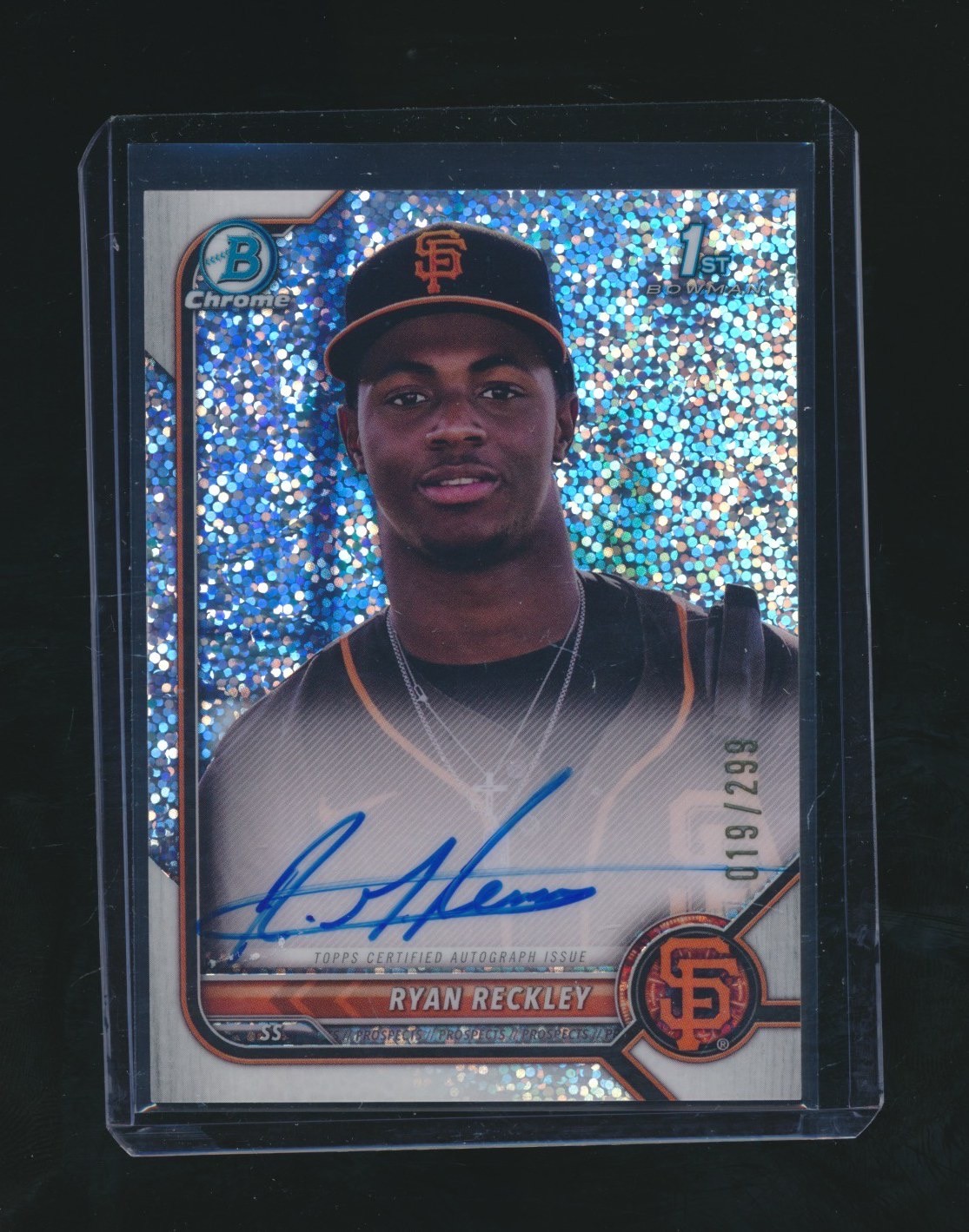 RYAN RECKLEY 2022 BOWMAN CHROME 1ST SPECKLE REFRACTOR RC AUTO 019/299 #RR