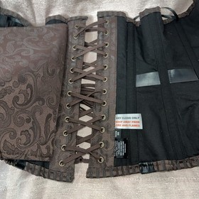 Sz 30 Brown Brocade Brass Swing Clasp Steel Boned Corset Over Breast Steampunk