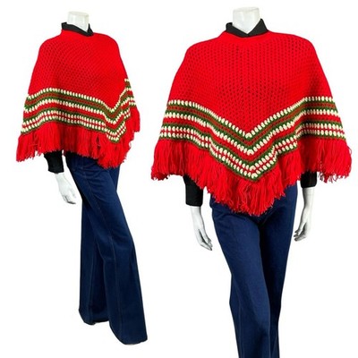 Vintage 60er 70er Jahre hellrot grün weiß Hippie Strick Chevron Fransen Poncho 6 8