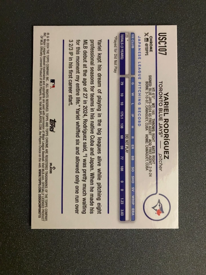 2024 Topps Chrome Update Yariel Rodriguez #'d/250 Purple Refractor Rookie USC107 - Image 3 of 3