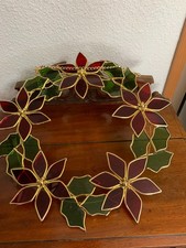 Poinsettia Wreath Stained Plexiglass Acrylic Red Green with Chain Gold Tone Xmas