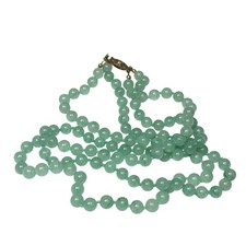 Vintage Green Jadeite Bead Necklace 14K Gold Filigree Clasp 18  