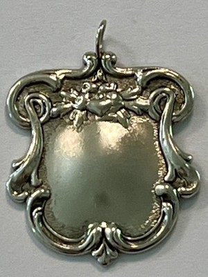 Antiqued Vintage Silver Tone Ornate Shield Pendant   Engravable Rococo Floral