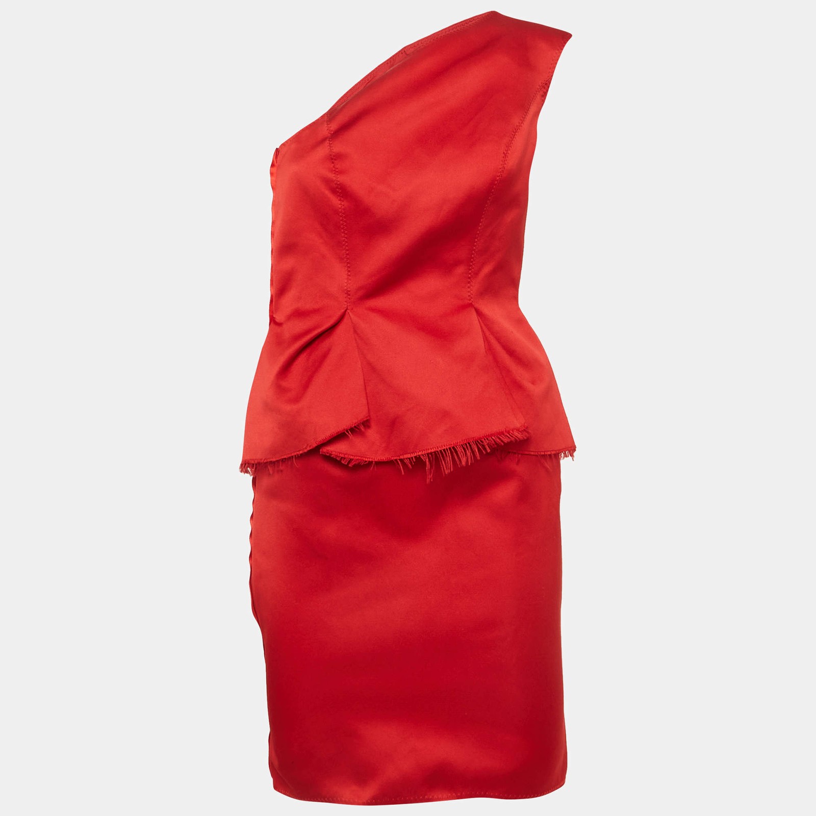 Lanvin Les 10 ans Red Satin One Shoulder Peplum Dress S