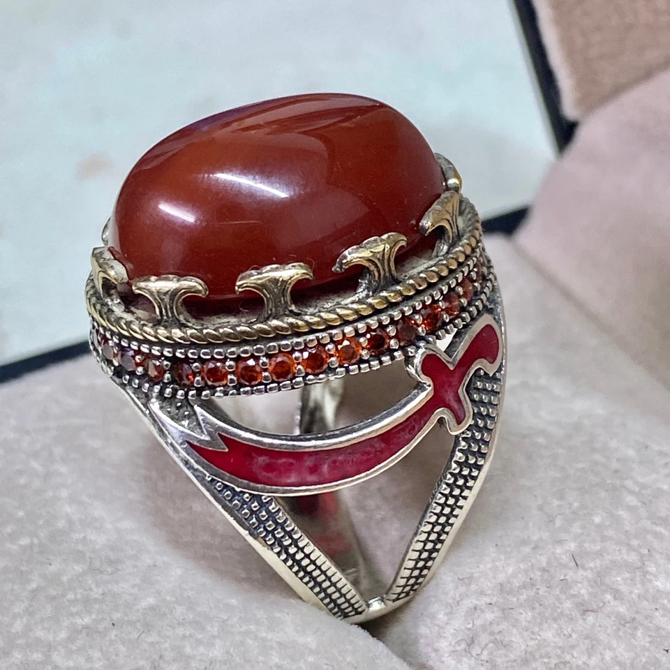 Anillos islámicos 925 plata esterlina anillo para hombre rojo kapidy yemení ágata anillos aqeeq Foto 3 de 4