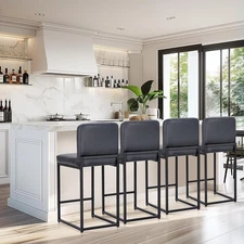 Set of 4 Leather Bar Stools Counter Height Kitchen Stools with Back Support 24".