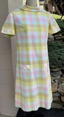 Vintage Bleeker Street 1960's Shift Dress MOD Yellow Pink Gingham Spring Summer