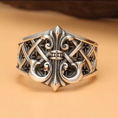 Ring Silber 925 Chrom Fleur de Lis Herzen Goth Punk verstellbar 