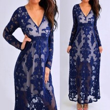 VICI Blue Floral Lace Embroidery Empire Paisley Maxi Dress S Small XS