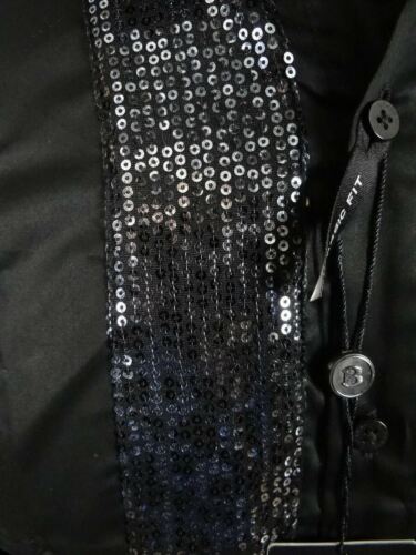 Mens Shirt Black White Shiny Sequins Event Wedding Barabas Classic Fit Button Up - Picture 4 of 13