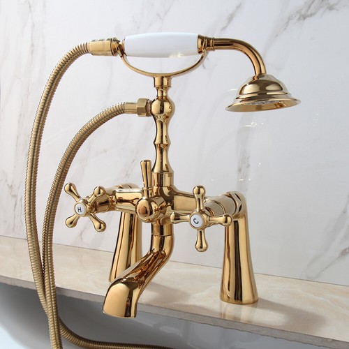 Gold Phone Style Deck Mount Bathroom Bathtub 2 Cross Handles Mixer Water Tap Set