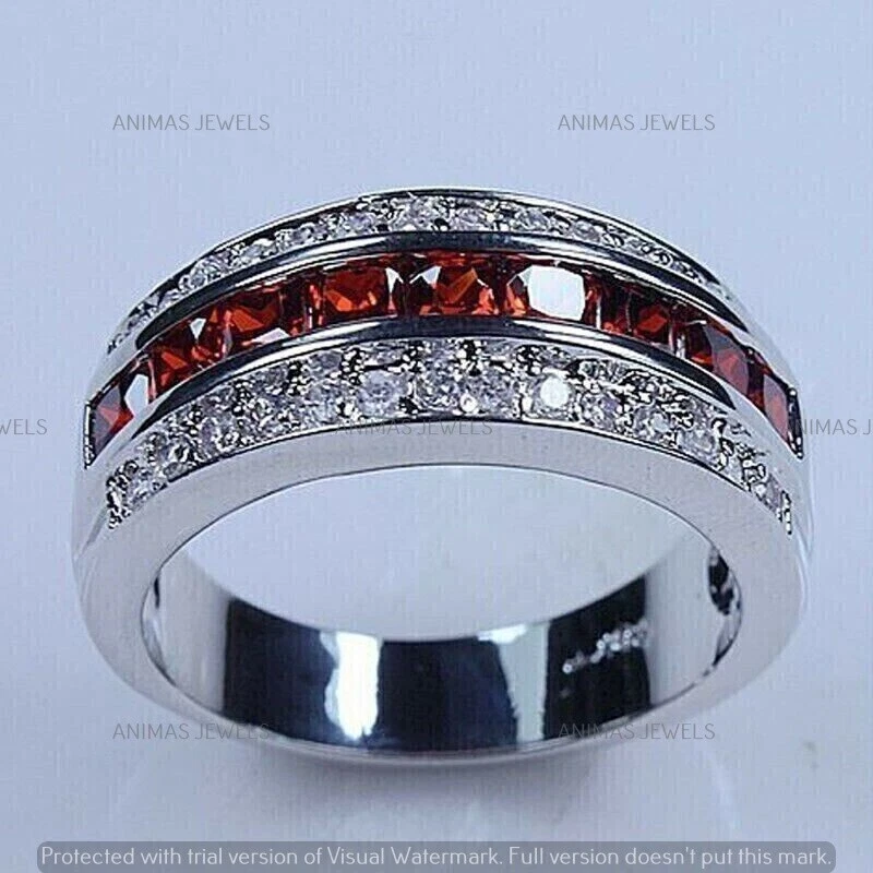 2ct Princess Cut Lab-Created Red Ruby Men's Wedding Ring Real925 Sterling Silver - Image 2 of 3