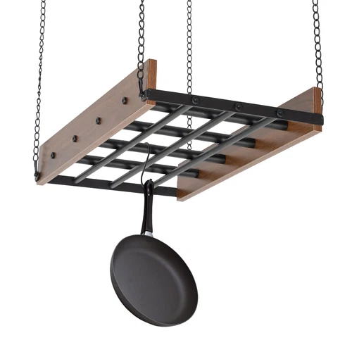Black and Brown Ceiling Mounted Pot Rack Hanging Pots and Pans Organizer w/Hooks - Picture 5 of 6