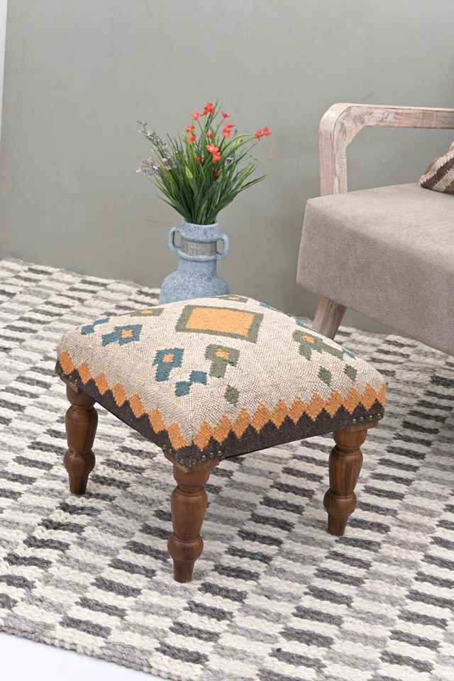 Handcrafted Wool & Jute Kilim Ottoman | Decorative Upholstered Pouf | Footstool - Image 2 of 4