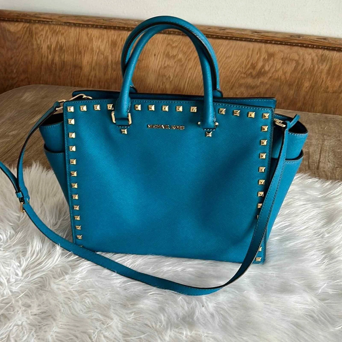 Michael Michael Kors Blue Leather Studded Top Handle Shoulder Bag