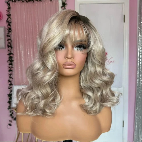 16 Zoll Ombre Aschblond Welle Echthaar Lace Front Perücken 13 x4 dunkle Wurzeln - Bild 1 von 5