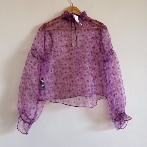 Topshop New Sheer Purple Floral Top Puff Sleeve Sunflower Print Blouse High Neck - Picture 2 of 14