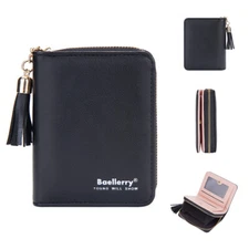 Women Card Slot Wallet PU Leather Pocket Credit Card Holder Zip Card Purse Black