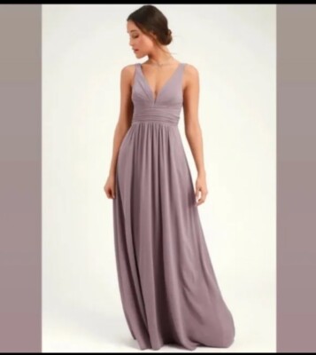 LULUS Maxi Dress XS 2 Lavender Taupe Granola Chiffon V Plunge Neutrals Soft Girl